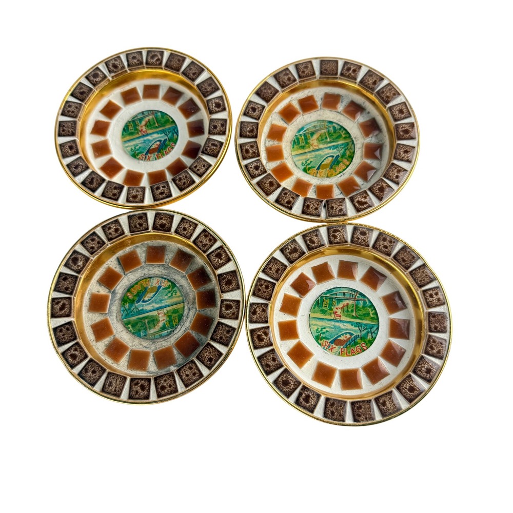 Vintage Six Flags Mosaic Ashtray Set Kenmar Japan Gold Tone Souvenir Lot of 4